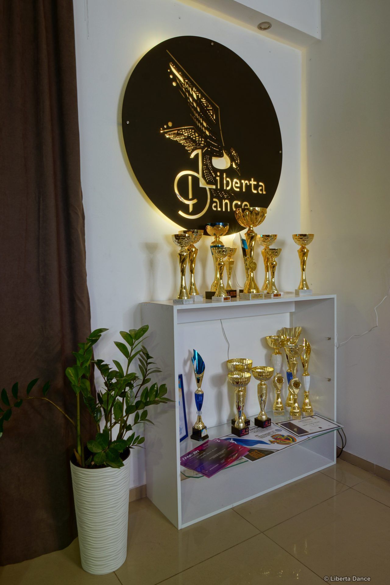 Полиця із золотими кубками, нагородами та логотипом з підсвічуванням у студії танцю Liberta Dance