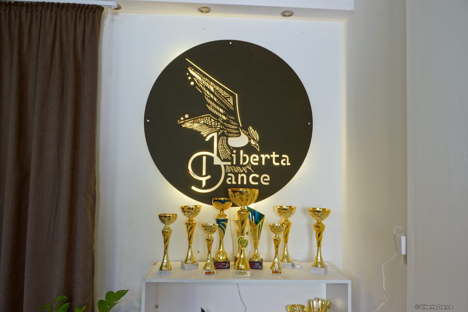 Логотип танцювальної студії Liberta Dance з підсвіткою та виставка виграних золотих кубків на полиці